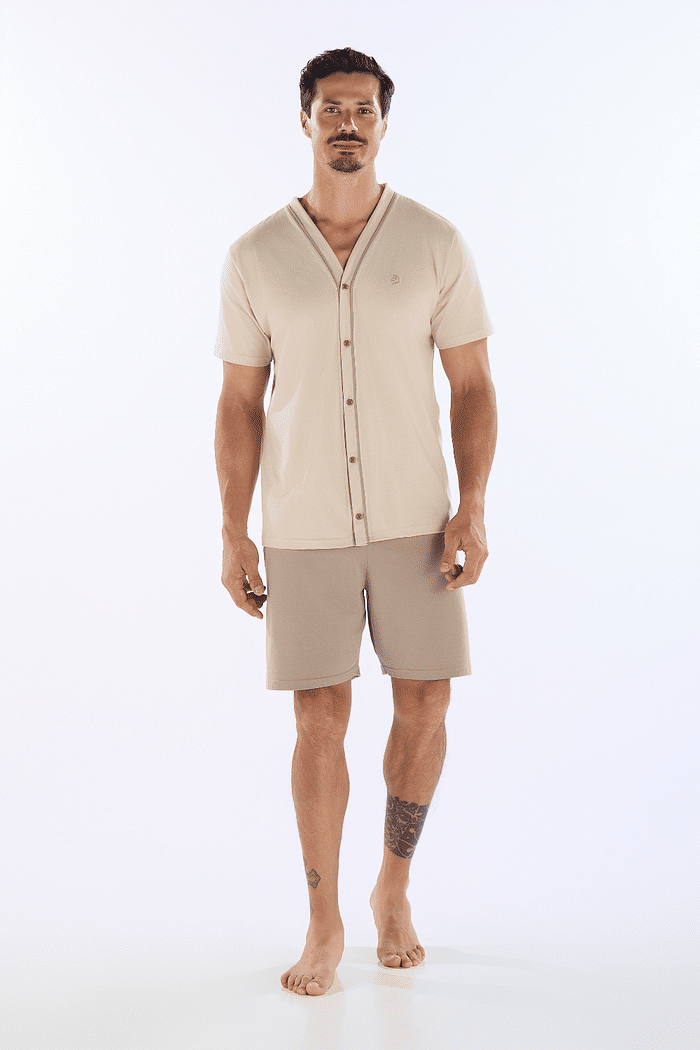 PIJAMA MEIA MANGA ABERTURA FRONTAL COM BERMUDA EM MEIA MALHA MASCULINO 