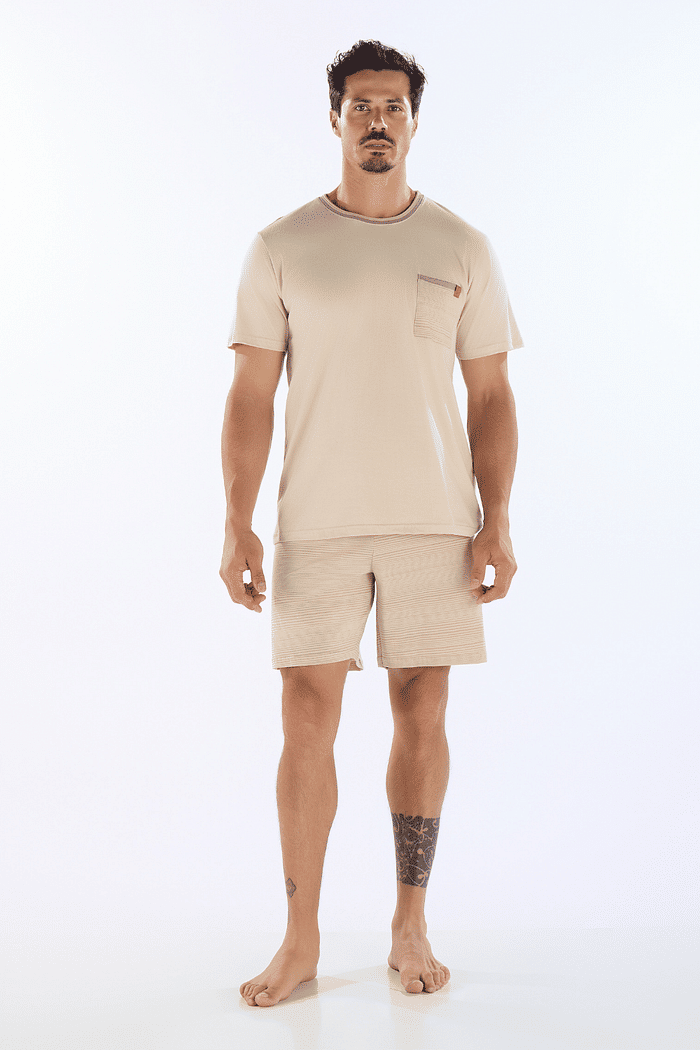 PIJAMA MEIA MANGA EM MEIA MALHA COM BERMUDA EM MALHA ROTATIVA MASCULINO 