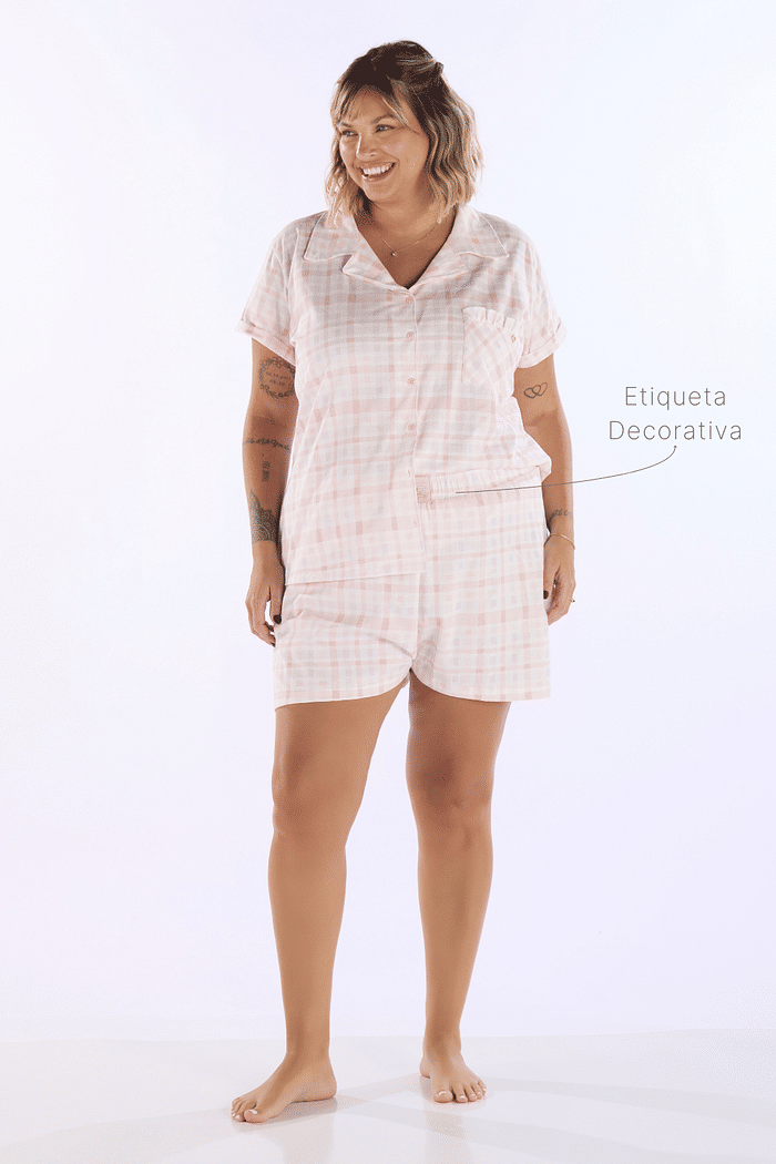 PIJAMA MEIA MANGA ABERTURA FRONTAL COM SHORTS EM MALHA ROTATIVA FEMININO