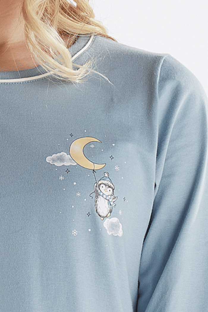 PIJAMA MANGA LONGA EM MEIA MALHA COM CALCA EM MALHA ROTATIVA FEMININO