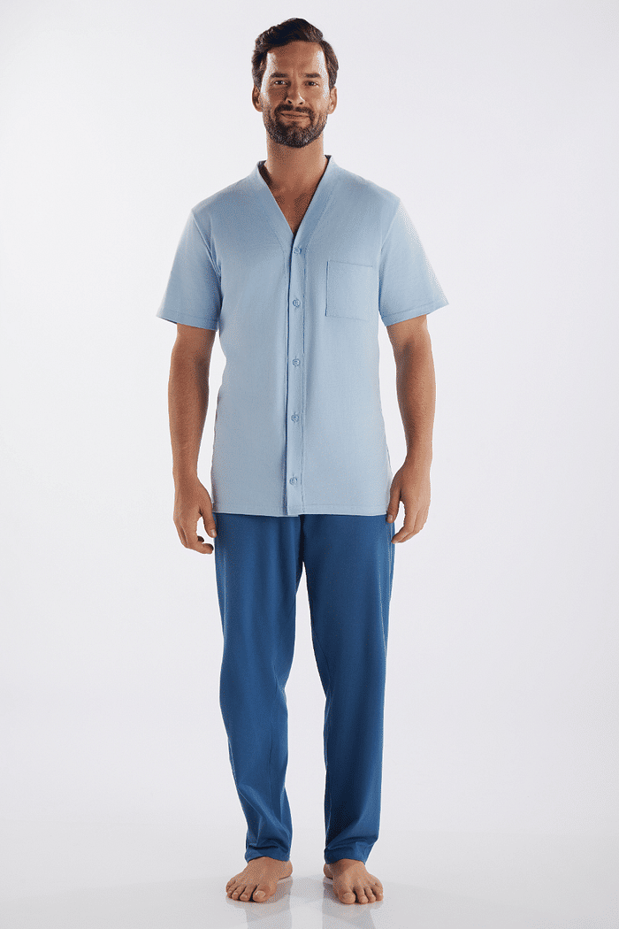 PIJAMA MEIA MANGA ABERTURA FRONTAL COM CALCA EM MEIA MALHA MASCULINO 