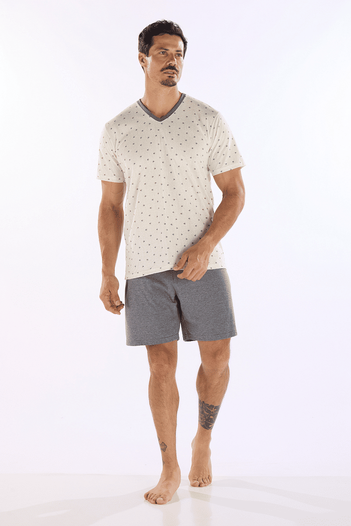 PIJAMA MEIA MANGA EM MALHA ROTATIVA COM BERMUDA EM MEIA MALHA MASCULINO 