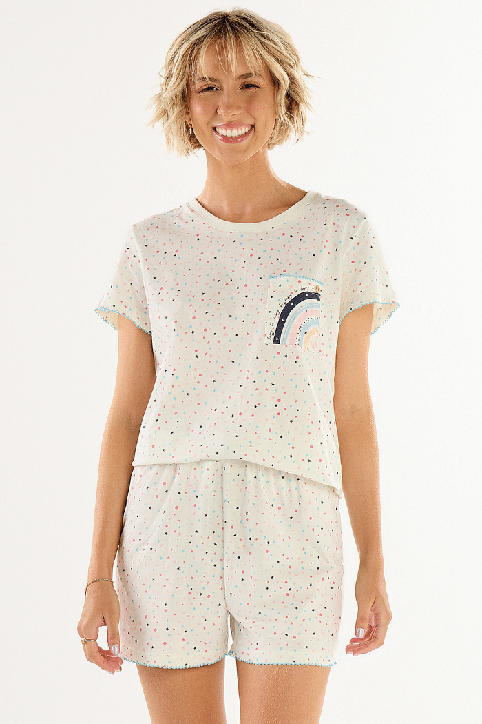 PIJAMA FEMININO MEIA MANGA COM SHORTS EM MEIA MALHA