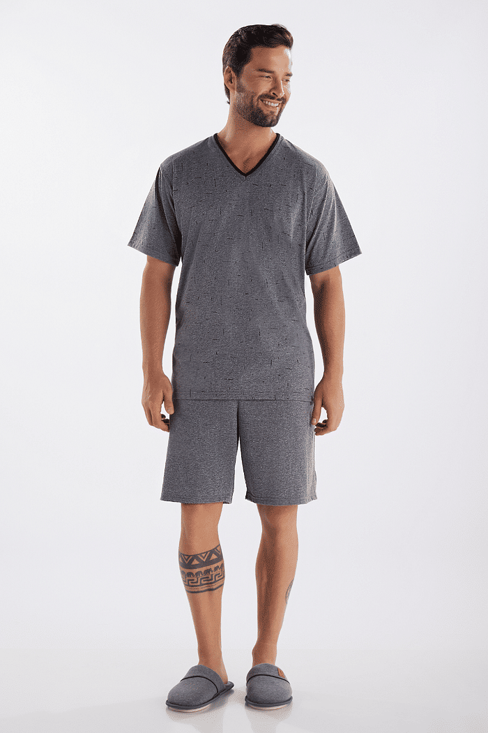 PIJAMA MEIA MANGA EM MALHA ROTATIVA COM BERMUDA EM MEIA MALHA MASCULINO 