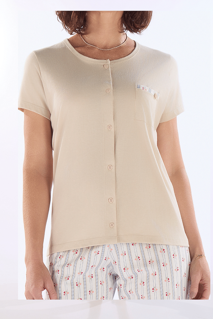 PIJAMA MEIA MANGA ABERTURA FRONTAL EM MEIA MALHA COM BERMUDA EM MALHA ROTATIVA FEMININO 