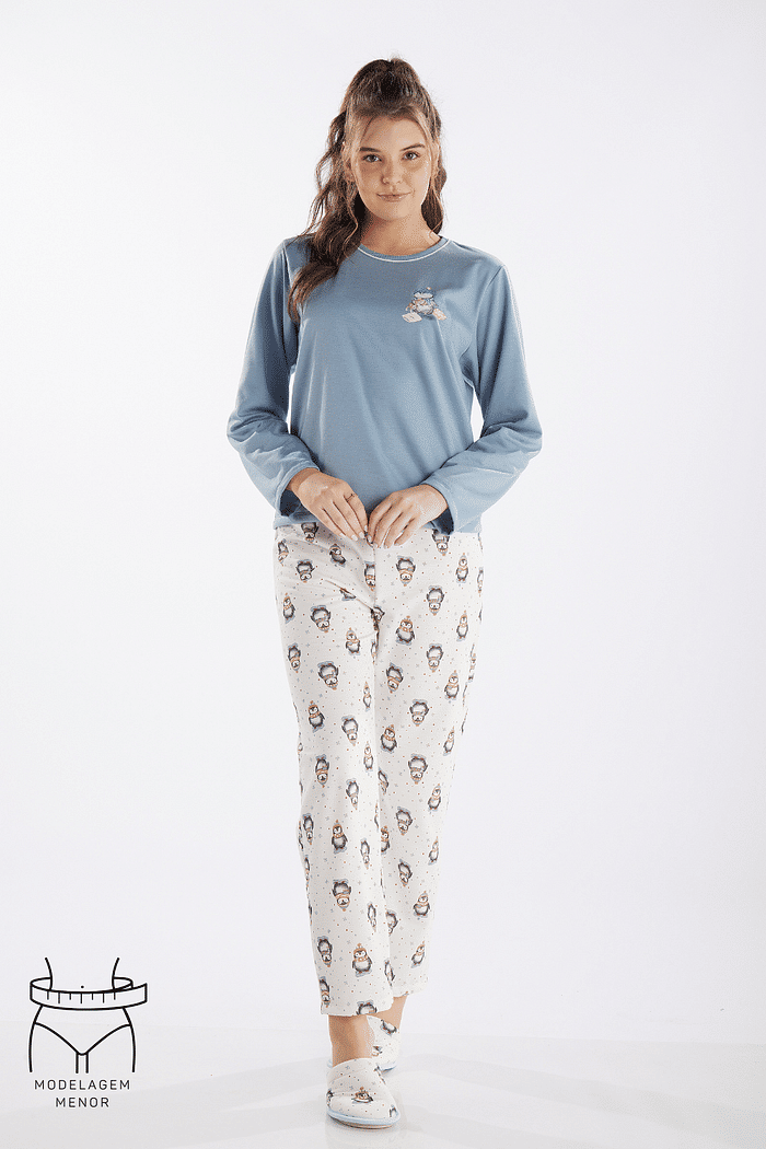 PIJAMA MANGA LONGA EM MOLETINHO COM CALCA EM MOLETINHO ROTATIVO FEMININO