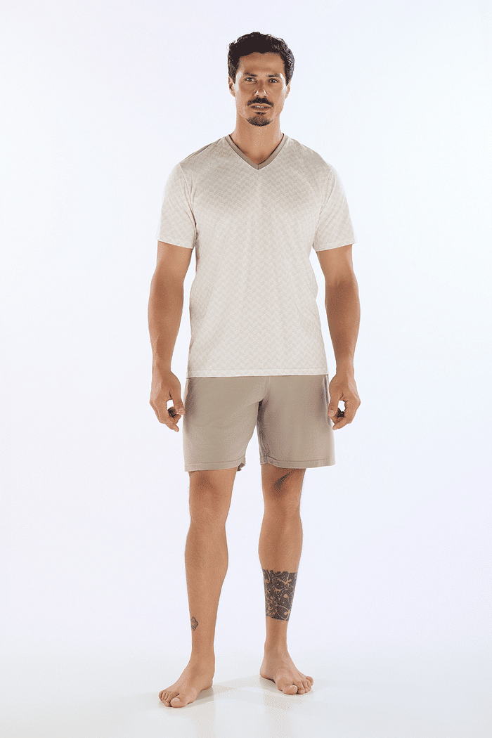 PIJAMA MEIA MANGA EM MALHA ROTATIVA COM BERMUDA EM MEIA MALHA MASCULINO 