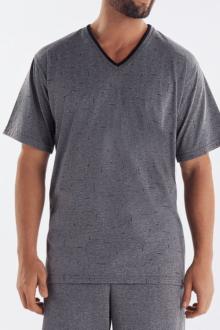 PIJAMA MEIA MANGA EM MALHA ROTATIVA COM BERMUDA EM MEIA MALHA MASCULINO 