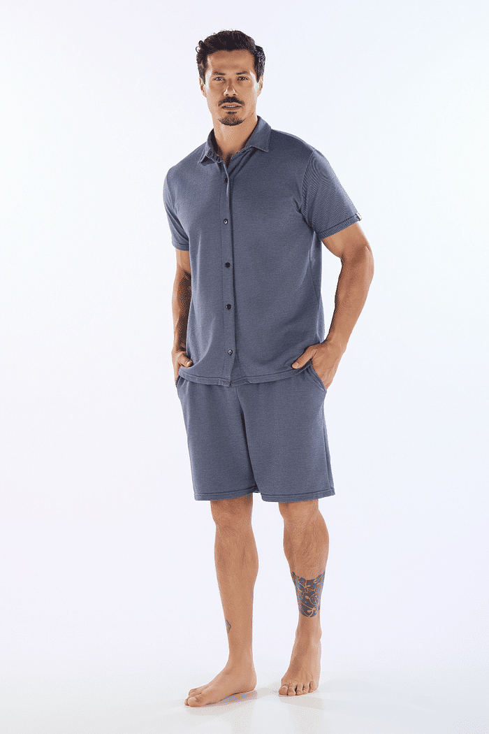 PIJAMA MEIA MANGA ABERTURA FRONTAL COM BERMUDA EM MALHA MALBEC MASCULINO 