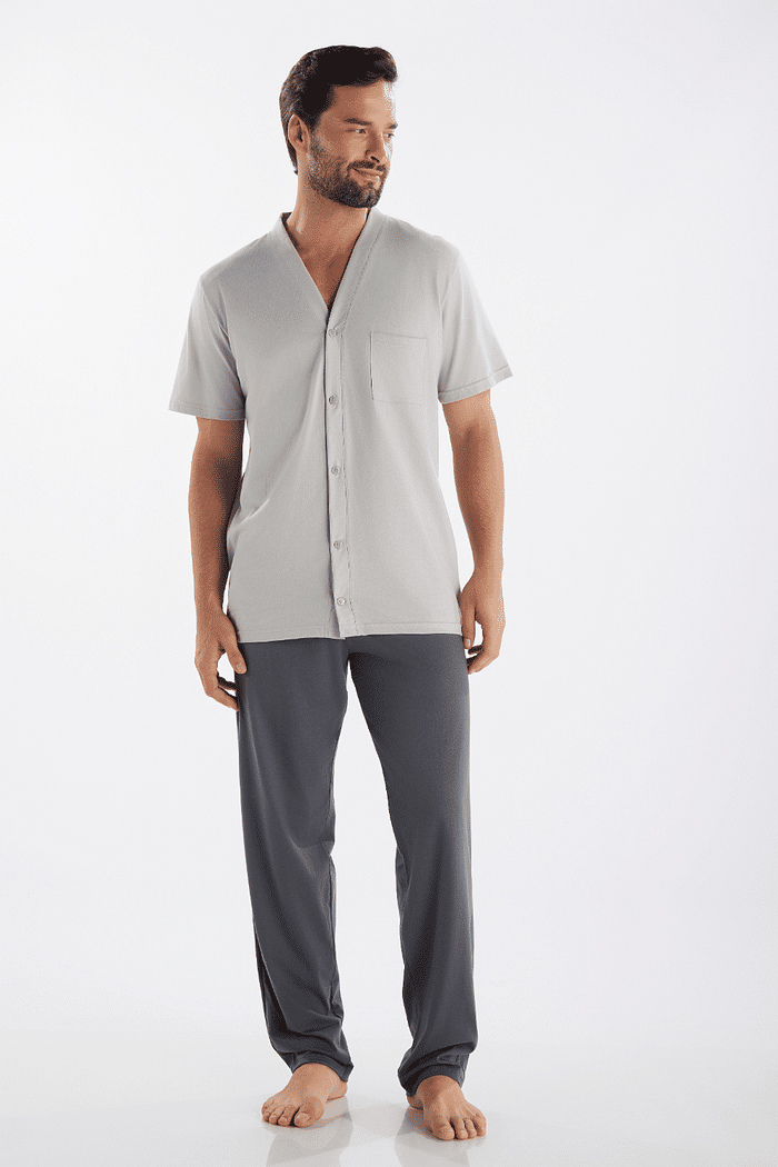 PIJAMA MEIA MANGA ABERTURA FRONTAL COM CALCA EM MEIA MALHA MASCULINO 