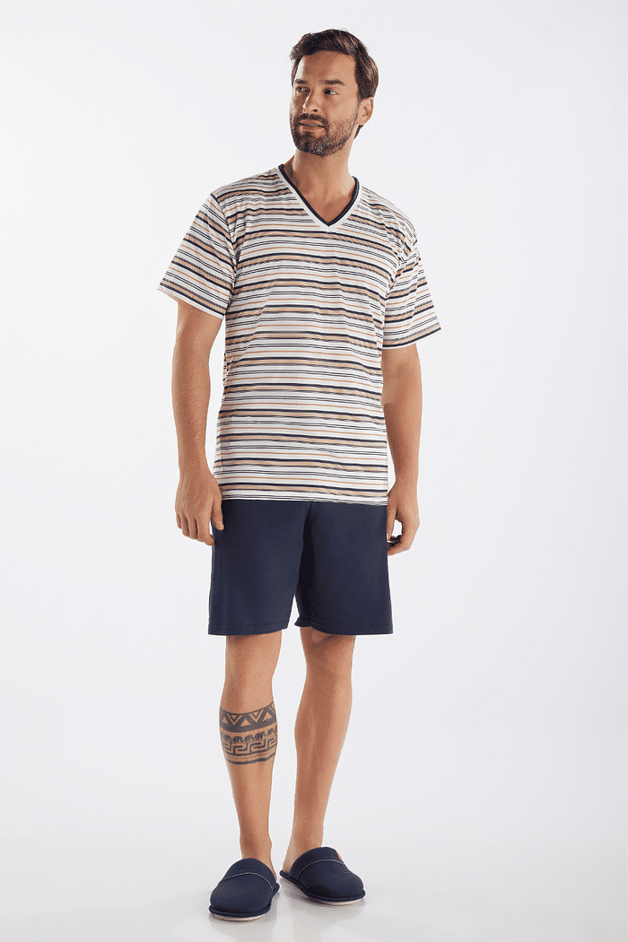 PIJAMA MEIA MANGA EM MALHA ROTATIVA COM BERMUDA EM MEIA MALHA MASCULINO 