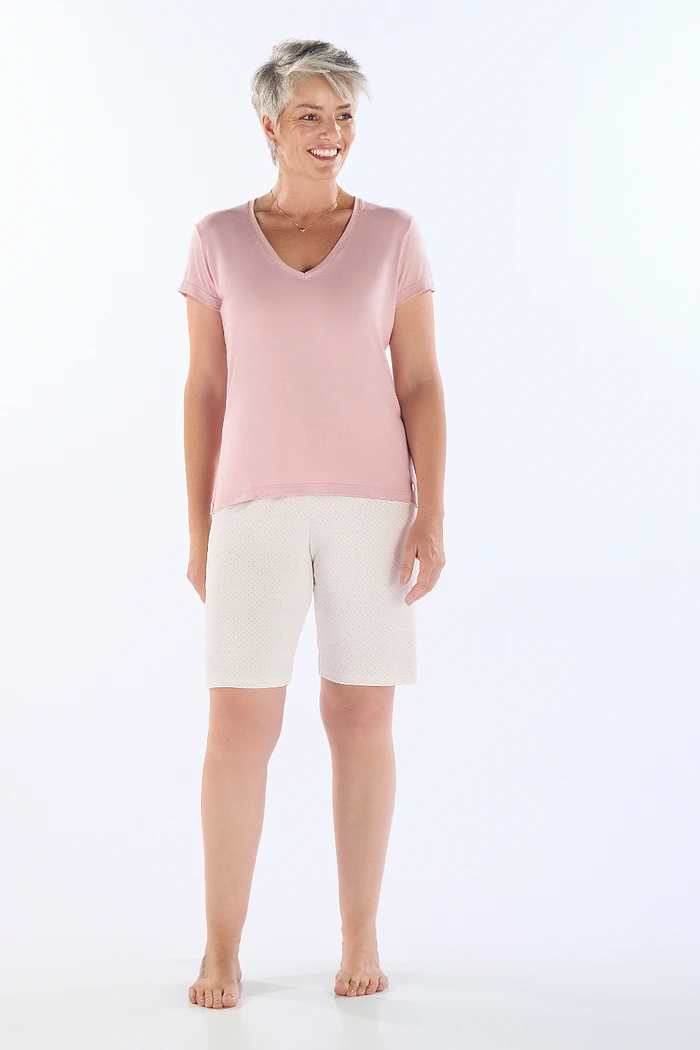 PIJAMA MEIA MANGA EM VISCOLYCRA COM BERMUDA EM VISCOLYCRA ROTATIVA FEMININO 