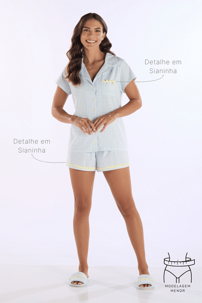PIJAMA MEIA MANGA ABERTURA FRONTAL COM SHORTS EM MALHA ROTATIVA FEMININO 