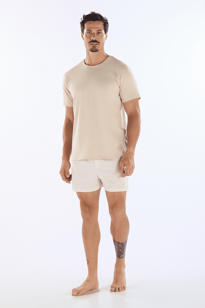 PIJAMA MEIA MANGA EM MEIA MALHA COM SAMBA CANÇÃO EM MALHA ROTATIVA MASCULINO 