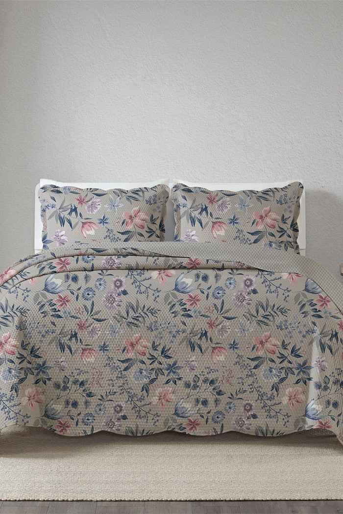 Kit Cobre Leito Colcha Casal 3 Peças Bouti Microfibra Estampada - Violet