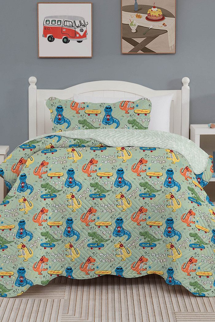 Kit Cobre Leito Colcha Infantil 2 Peças Solteiro Estampada - Dino