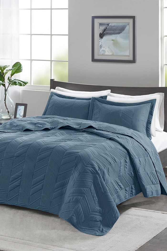 Kit Colcha Queen Golden Toque de Pessego Costurada Lotus - Azul