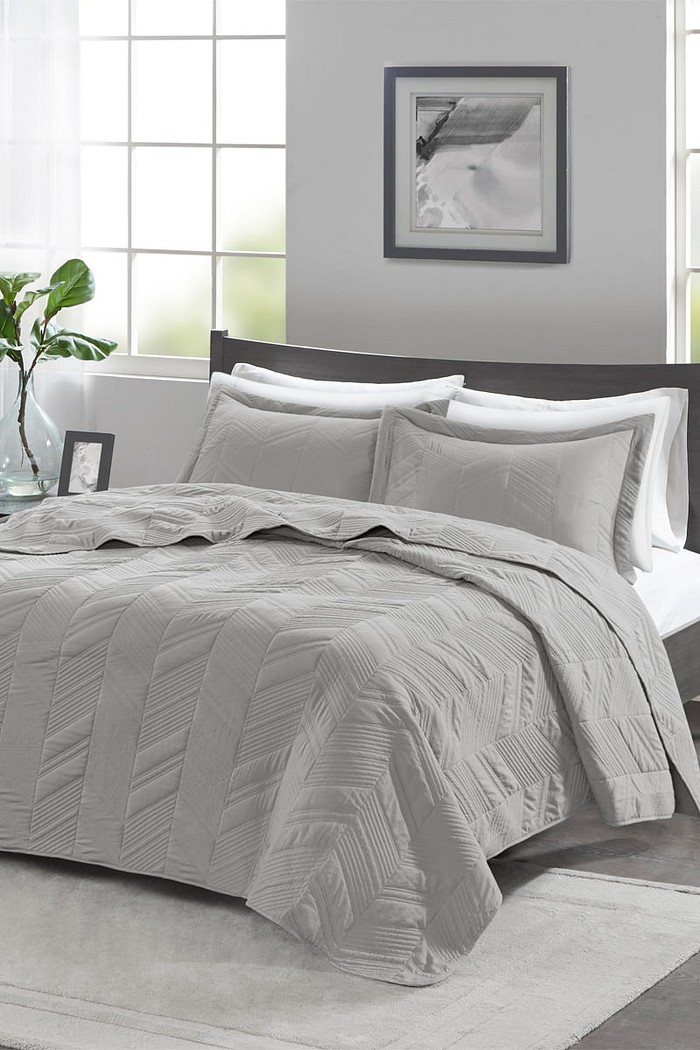 Kit Colcha Queen Golden Toque de Pessego Costurada Lotus - Cinza