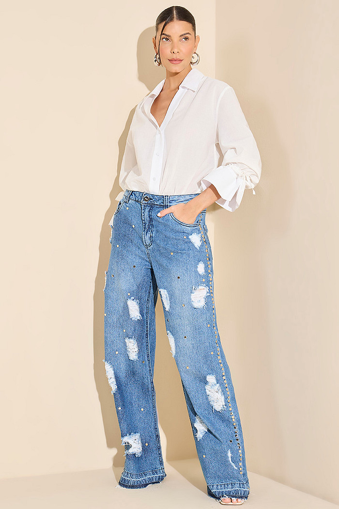 CALÇA JEANS WIDE LEG RASGOS E BORDADO