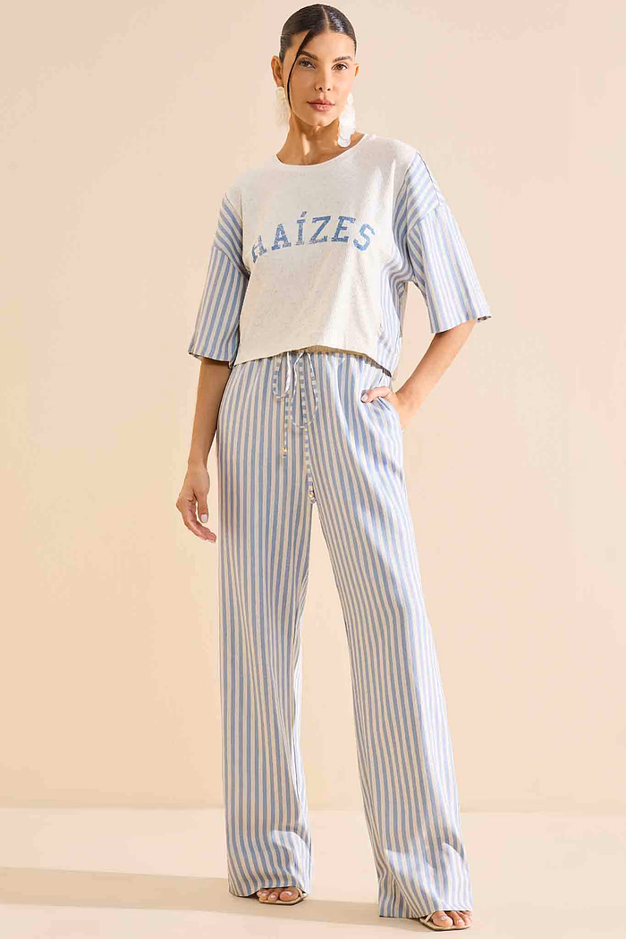 CALÇA LINHO LISTRADO DETALHE CÓS