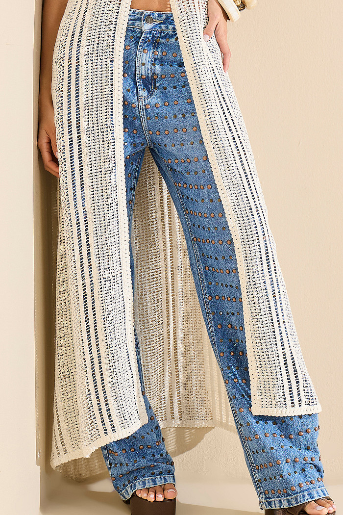 CALÇA JEANS WIDE LEG BORDADA