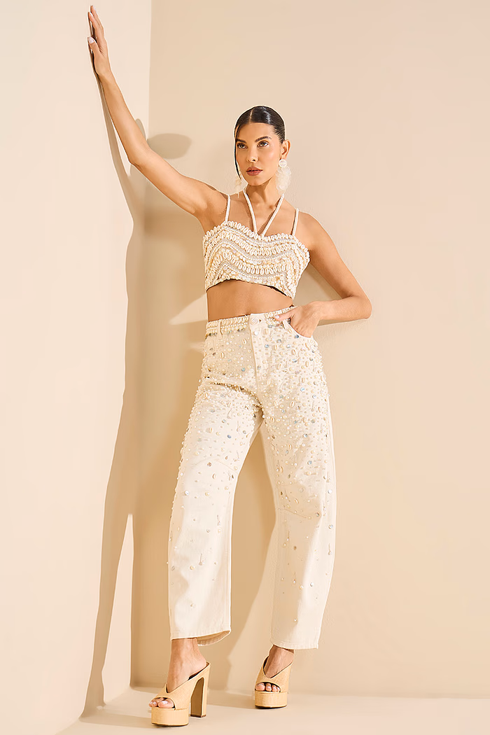 CALÇA SARJA BARREL BORDADA