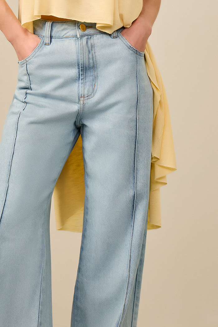 CALÇA JEANS WIDE LEG INTERMEDIÁRIA BORDADA