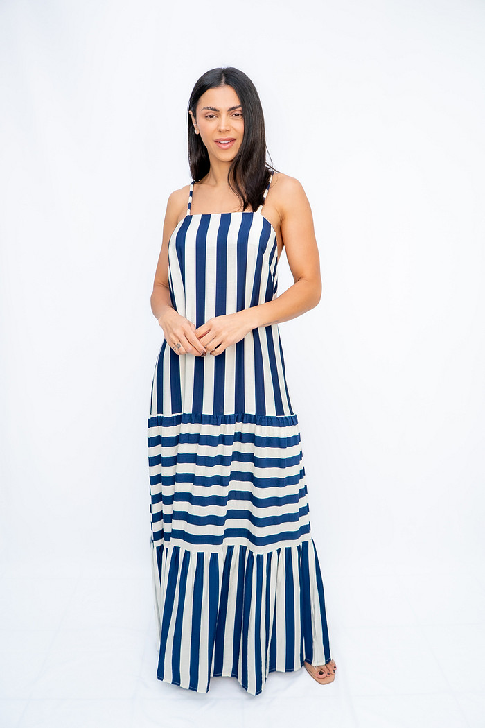 Vestido Longo Listras Alças de Corda Azul Marinho