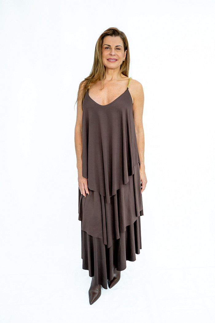 Vestido Babados Alças Correntes Fluity Marrom