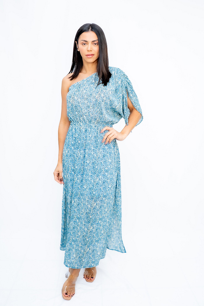 Vestido Longo Estampado Manga Nula Azul