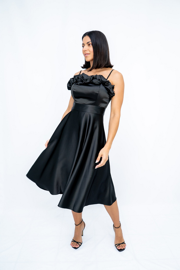 Vestido Midi Saia Vaze Cetim Preto