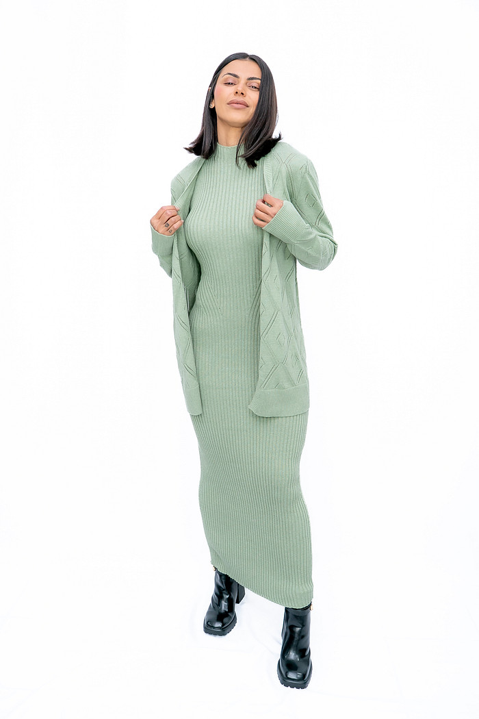 Conjunto Vestido e Casaco Tricot Verde Bana Bana