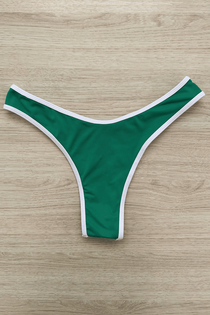 Calcinha de biquíni Maya Brisa VIBE BIKINIS estilo fio dental, cor verde com viés branco, vista de cima
