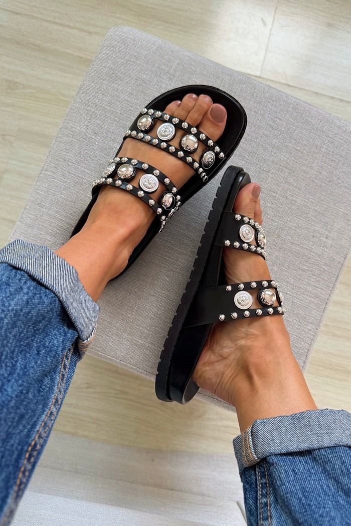 Flat Renata Preto - Chinelo Slide Com Tachas