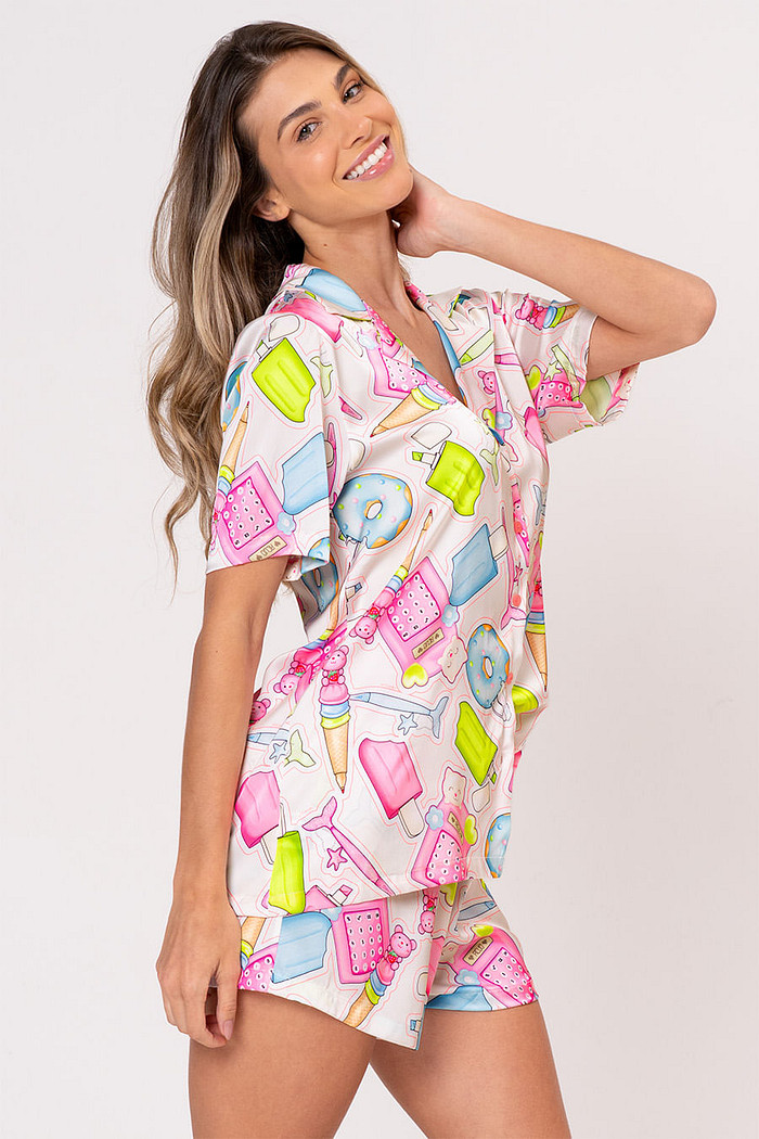 PIJAMA AMERICANO ACETINADO CURTO - CUTE PAPER