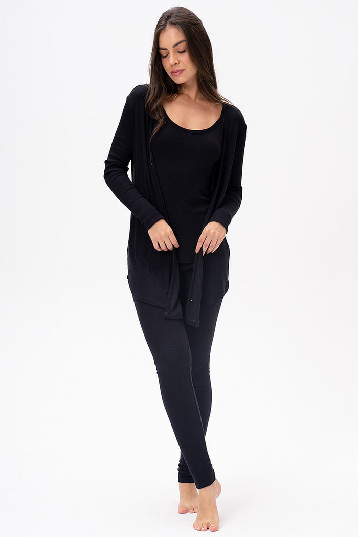 PIJAMA LONGO 3 PEÇAS EM RIBANA DE VISCOSE - CLÁSSICO VISCOSE BLACK