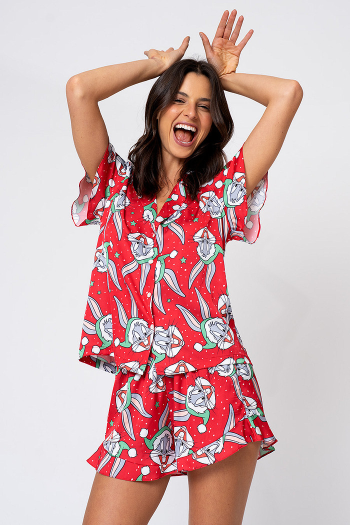 PIJAMA CURTO TOQUE DE SEDA FEMININO - NATAL PERNALONGA