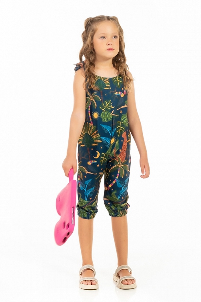 Macacão Infantil Com Bolso Onça Tucano Folhagens Céu