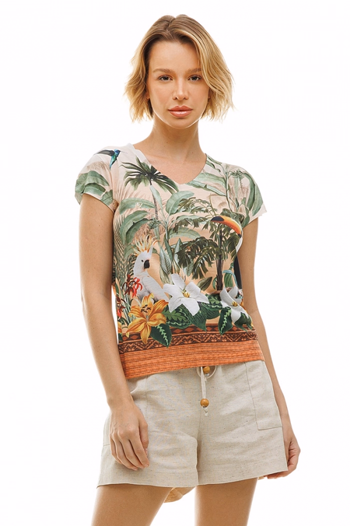 Baby Look Florata Tucano e Cacatua com Barrado