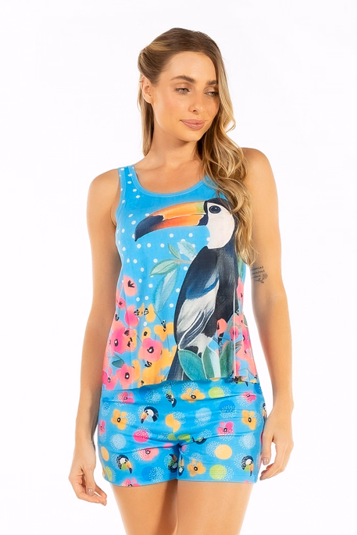 Conjunto Pijama Adulto Feminino Tucano Flor Bola Fundo Azul