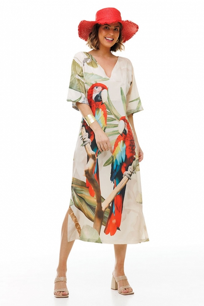 Kaftan Atena Araras Vermelhas Folhagens