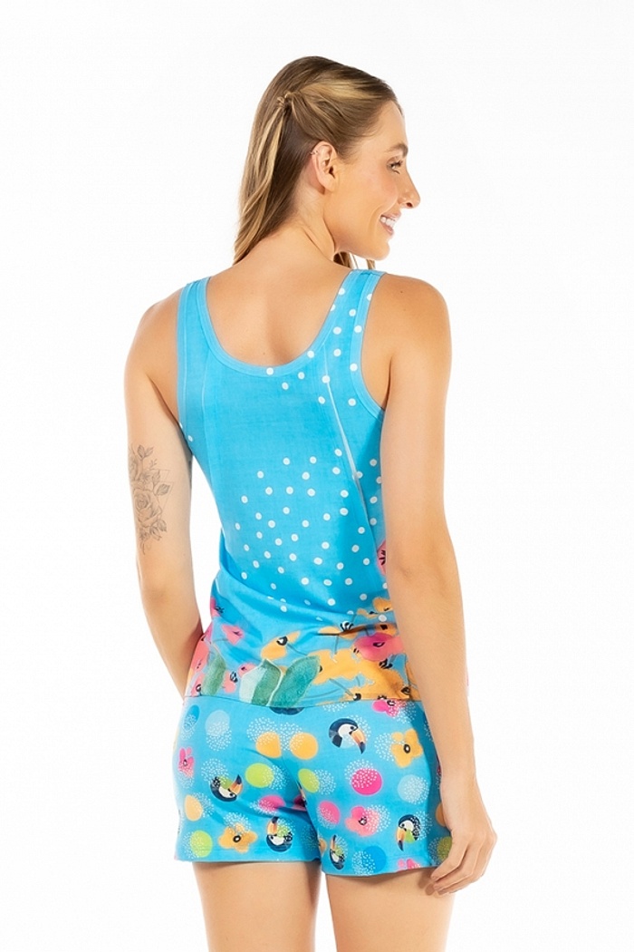 Conjunto Pijama Adulto Feminino Tucano Flor Bola Fundo Azul