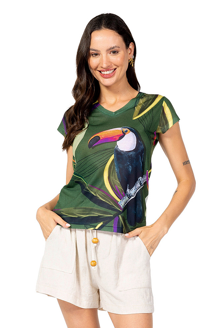 Baby Look Florata Tucano Folhas Verde