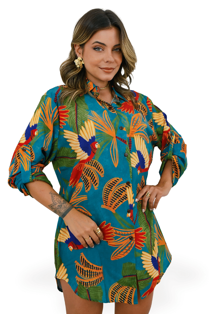 Camisa Alongada Atena Verão Arara e Banana