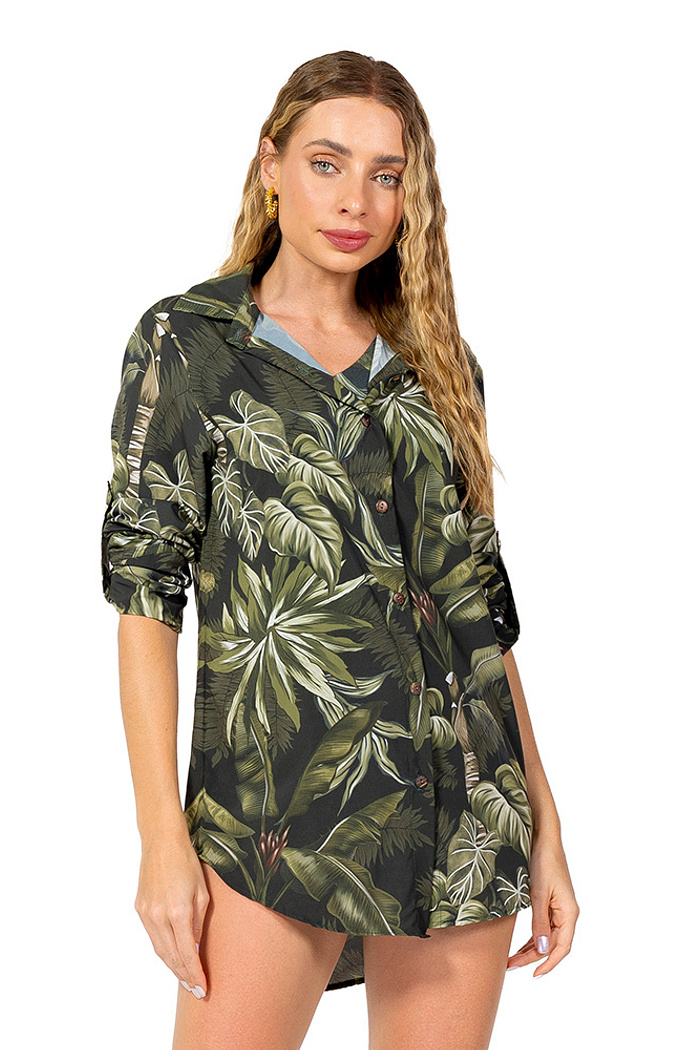 Camisa Alongada Atena Verão Folhagens  Linho Off