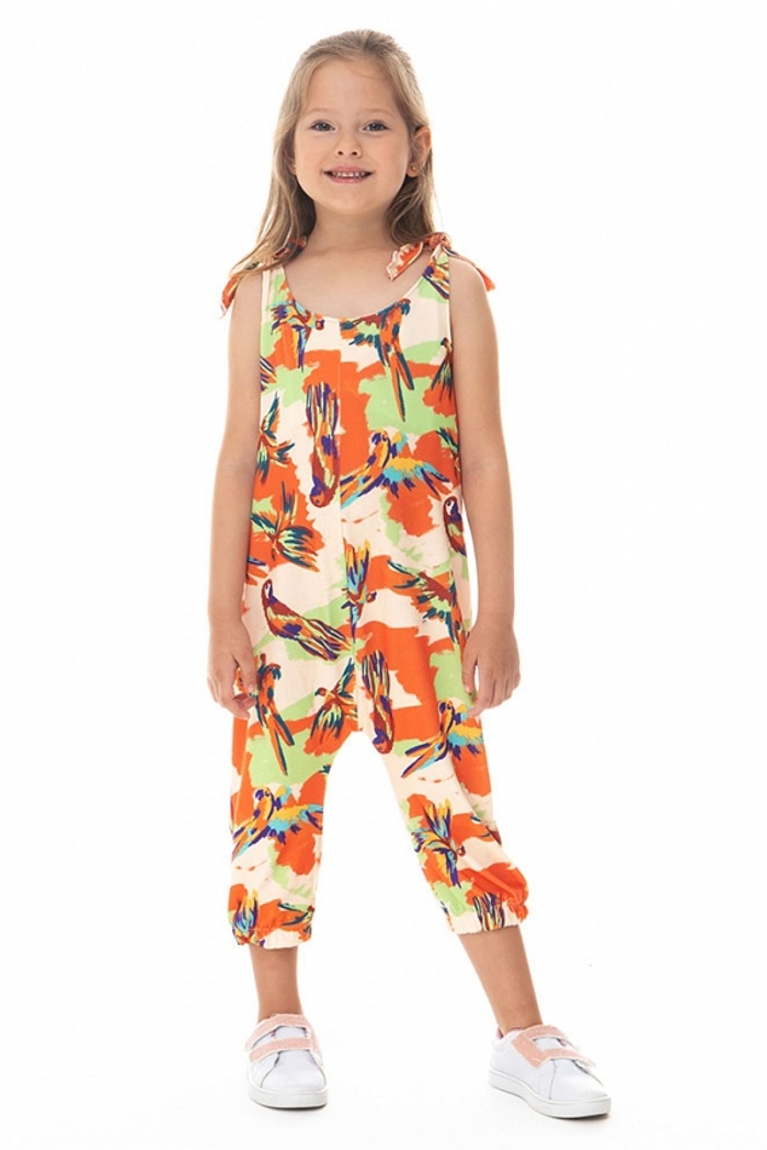 Macacão Infantil Com Bolso Pássaros Pinceladas Coloridas