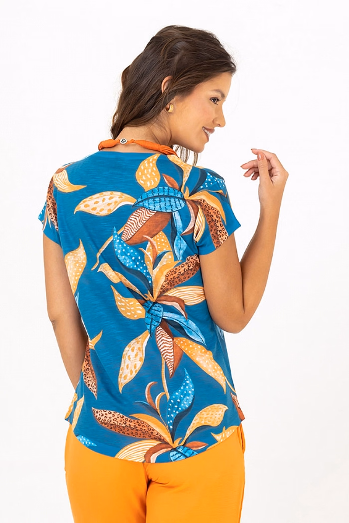 Blusa Jasmim Folhagens Laranja e Azul texturas folhas