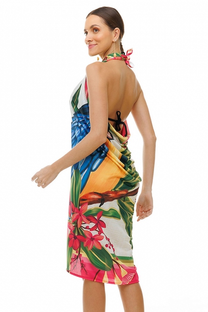 Canga Retangular Canindé com Flores Pink e Fundo Linho