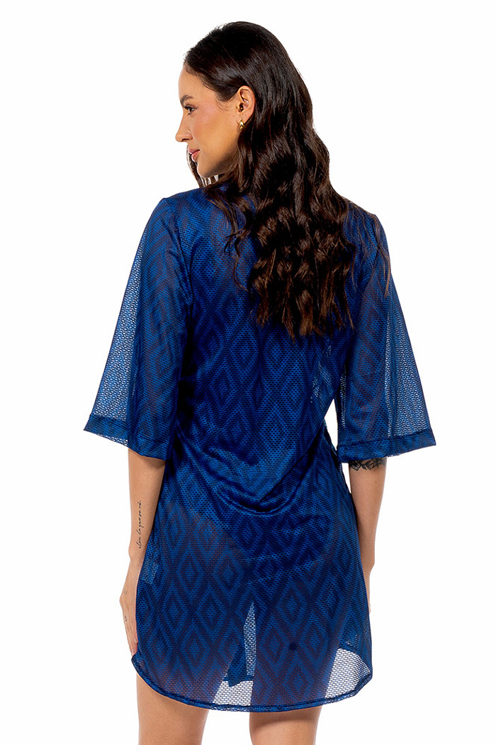 Saída de Praia Chemise Alongada Maxi Arara Fundo Azul