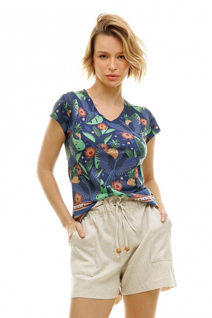 Baby Look Florata Araras Azul